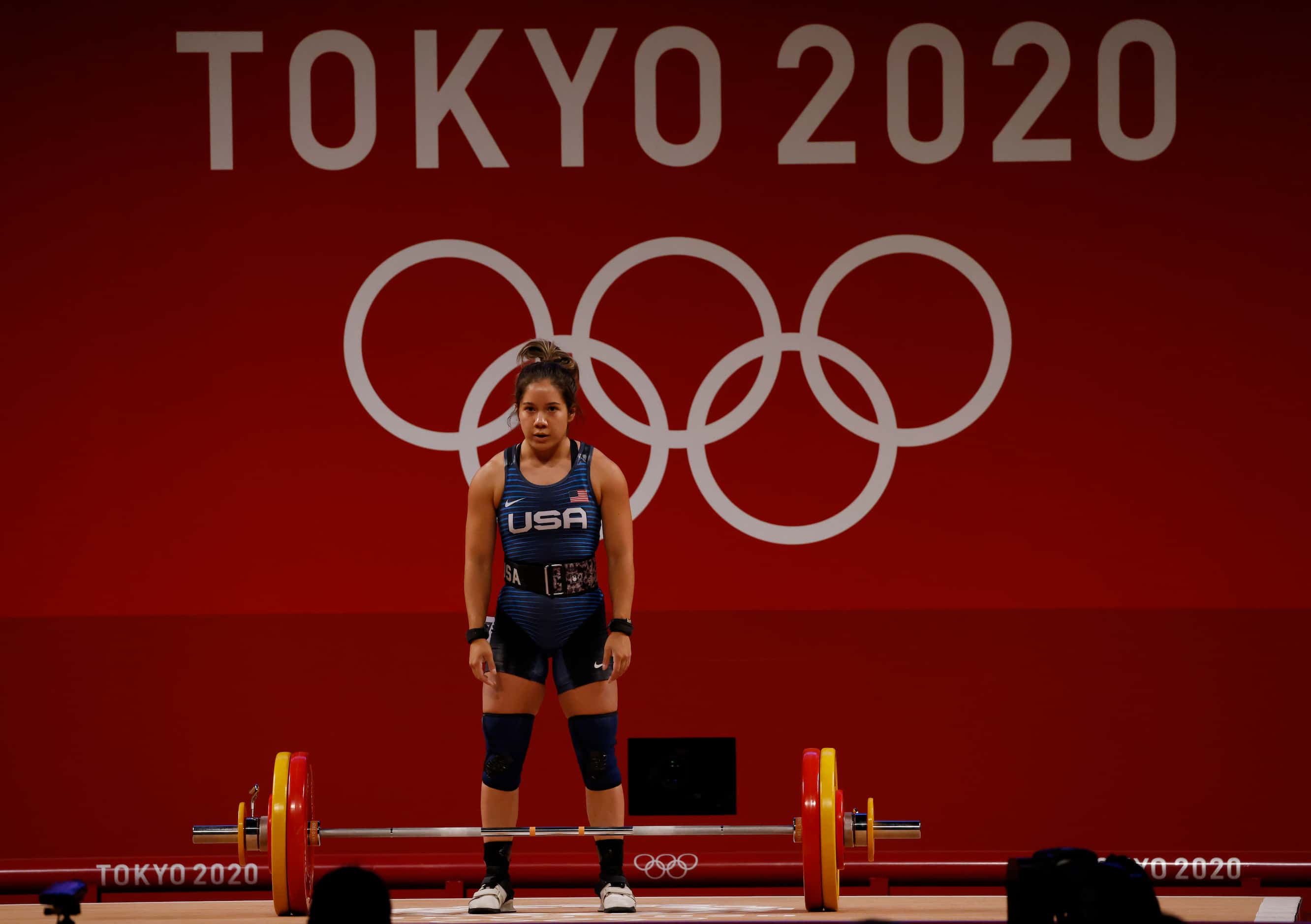 USA’s Jourdan Delacruz prepares to lift 108 kg on her third attempt in the clean and jerk...