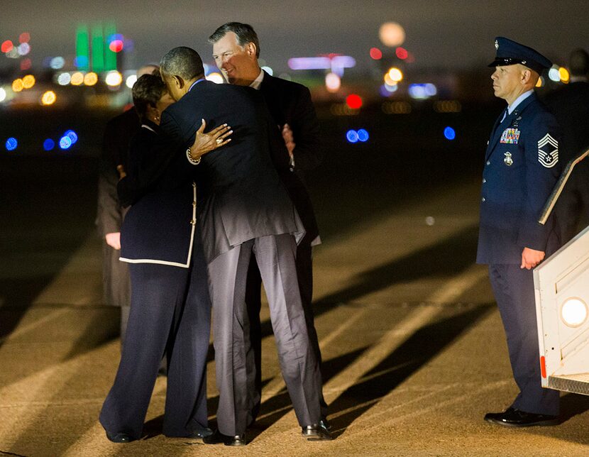  President Obama greets U.S. Rep. Eddie Bernice Johnson and Dallas Mayor Mike Rawlings....