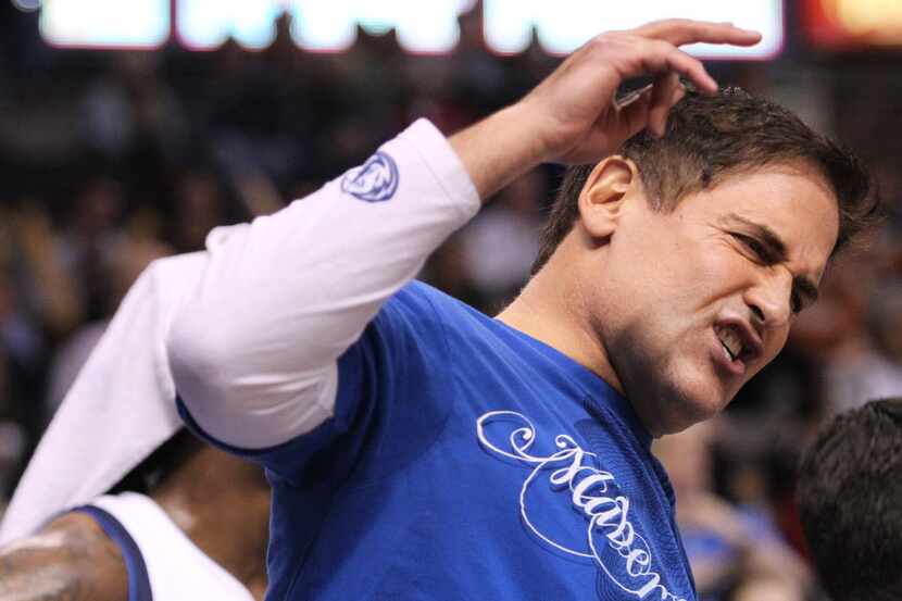 Dallas owner Mark Cuban reacts to an official's call in the fourth quarter during the San...