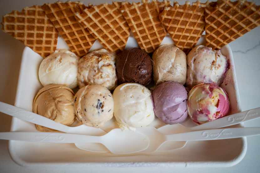 A flight of 10 ice cream scoops at Jeni's Splendid Ice Creams in Deep Ellum comes served...