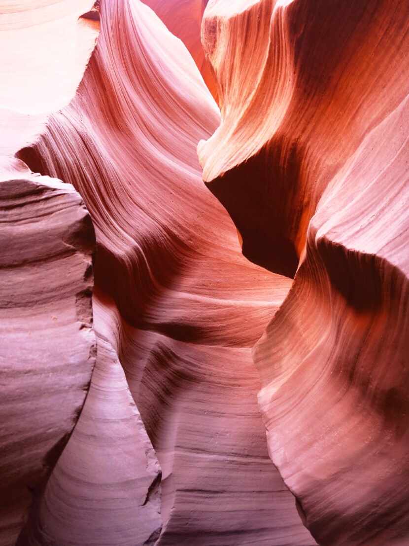 Light and shadow interplay on the sandstone walls of Lower Antelope Canyon.

