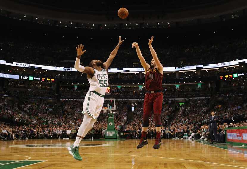 BOSTON, MA - MAY 15:  Kevin Love #0 of the Cleveland Cavaliers shoots the ball against Greg...
