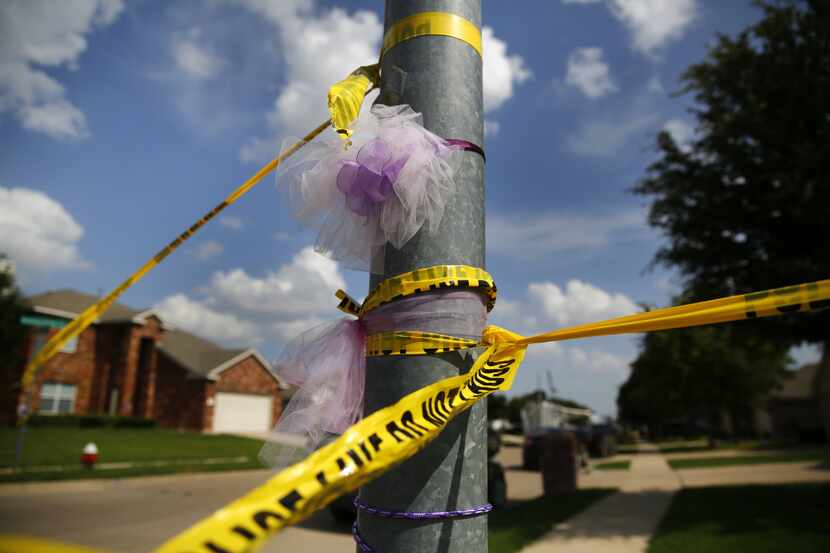 A light pole that held purple ribbons for slain 6-year-old Alanna Gallagher was also wrapped...