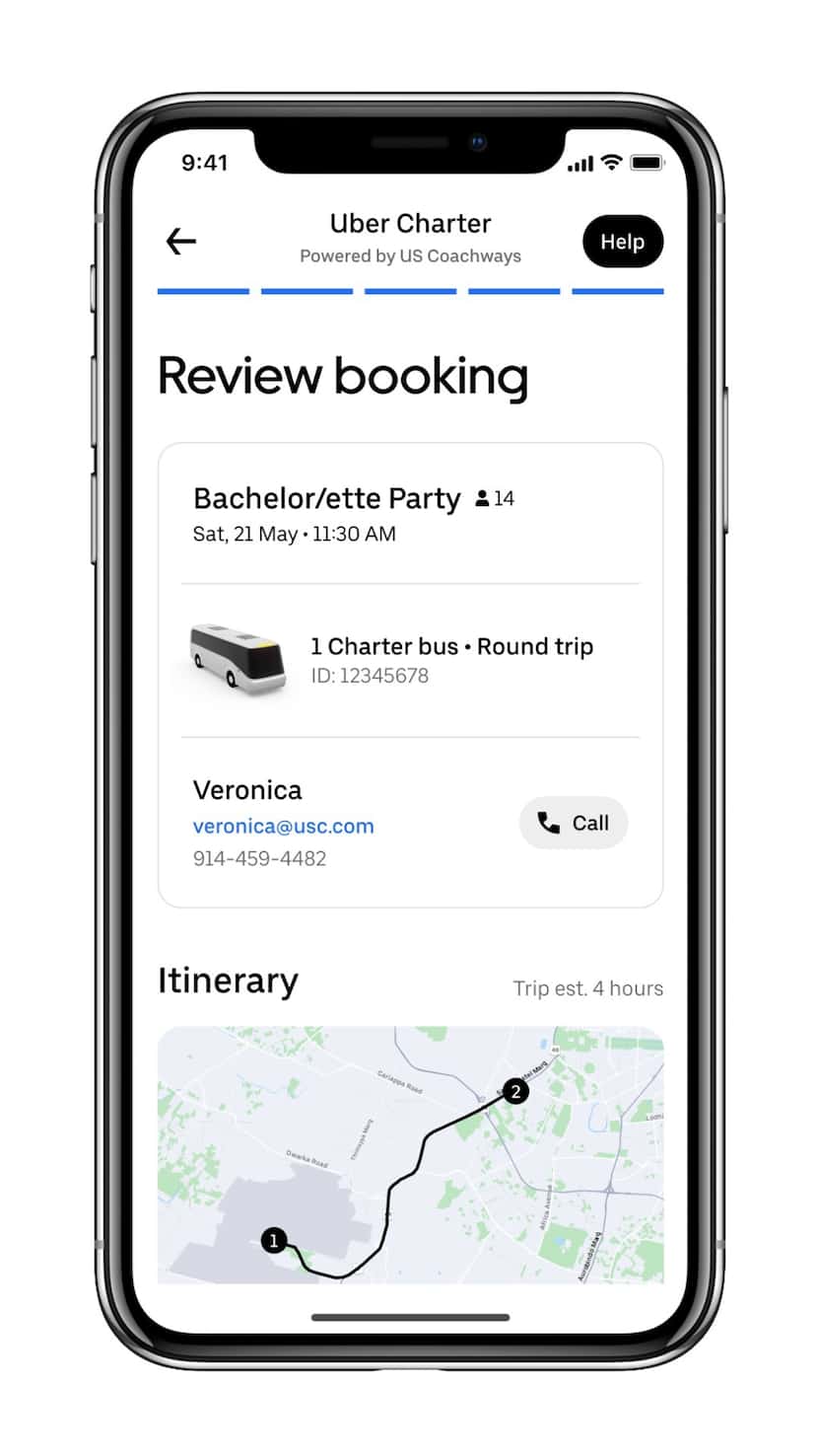A phone shows the review screen of an Uber Charter booking.