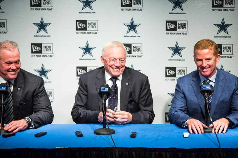 Dallas Cowboys executive vice president/COO Stephen Jones, owner Jerry Jones, and head coach...