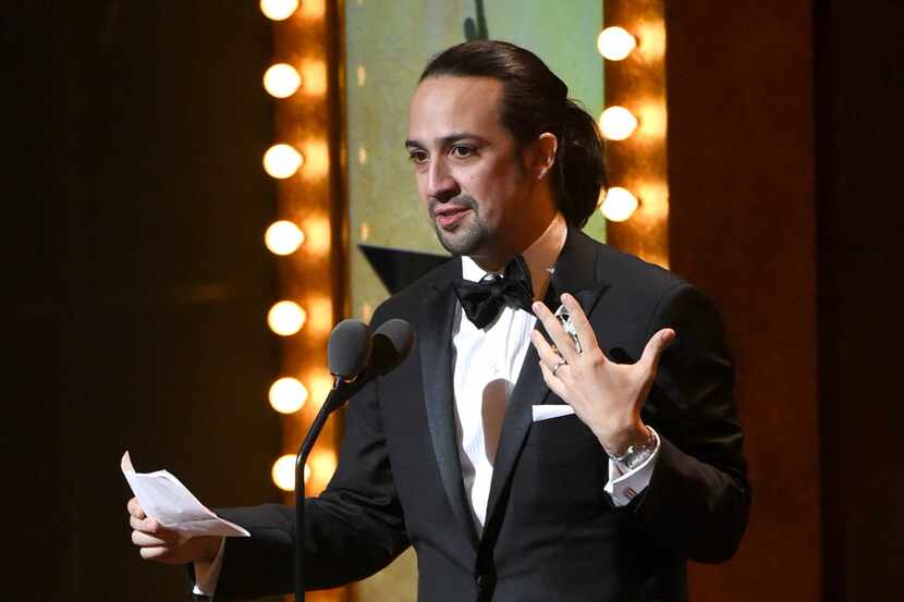 Lin-Manuel Miranda accepts the award for best original  score for  "Hamilton" at the Tony...