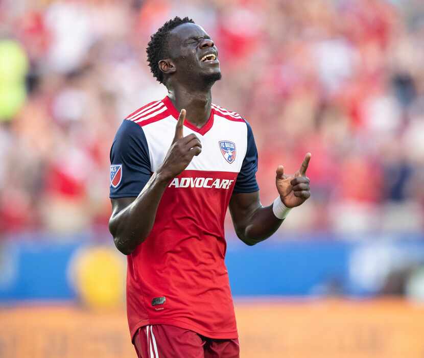 DALLAS, TX - JUNE 22: Dom Badji celebrates during the MLS soccer game between FC Dallas and...