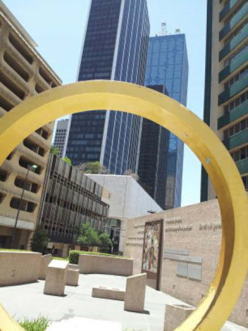 The Ring of Thanks and Bell Tower at Thanks-Giving Square in downtown Dallas.