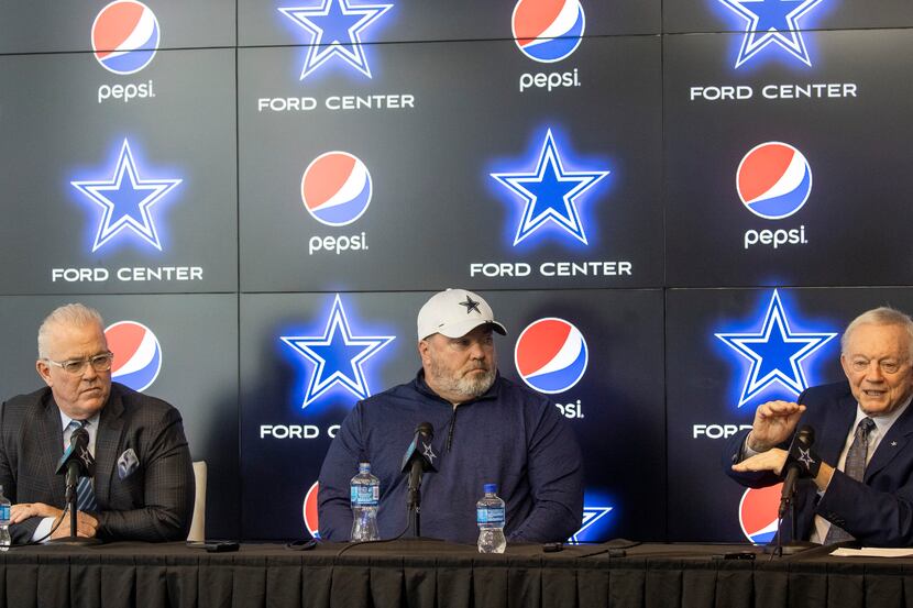From right, Dallas Cowboys owner Jerry Jones, coach Mike McCarthy, and CEO Stephen Jones...