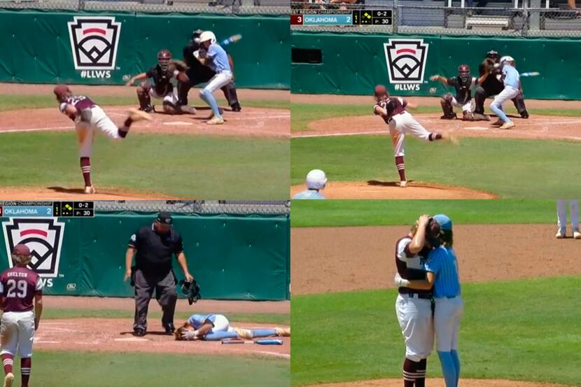In this combination of photos from video provided by ESPN, pitcher Kaiden Shelton (29), of...