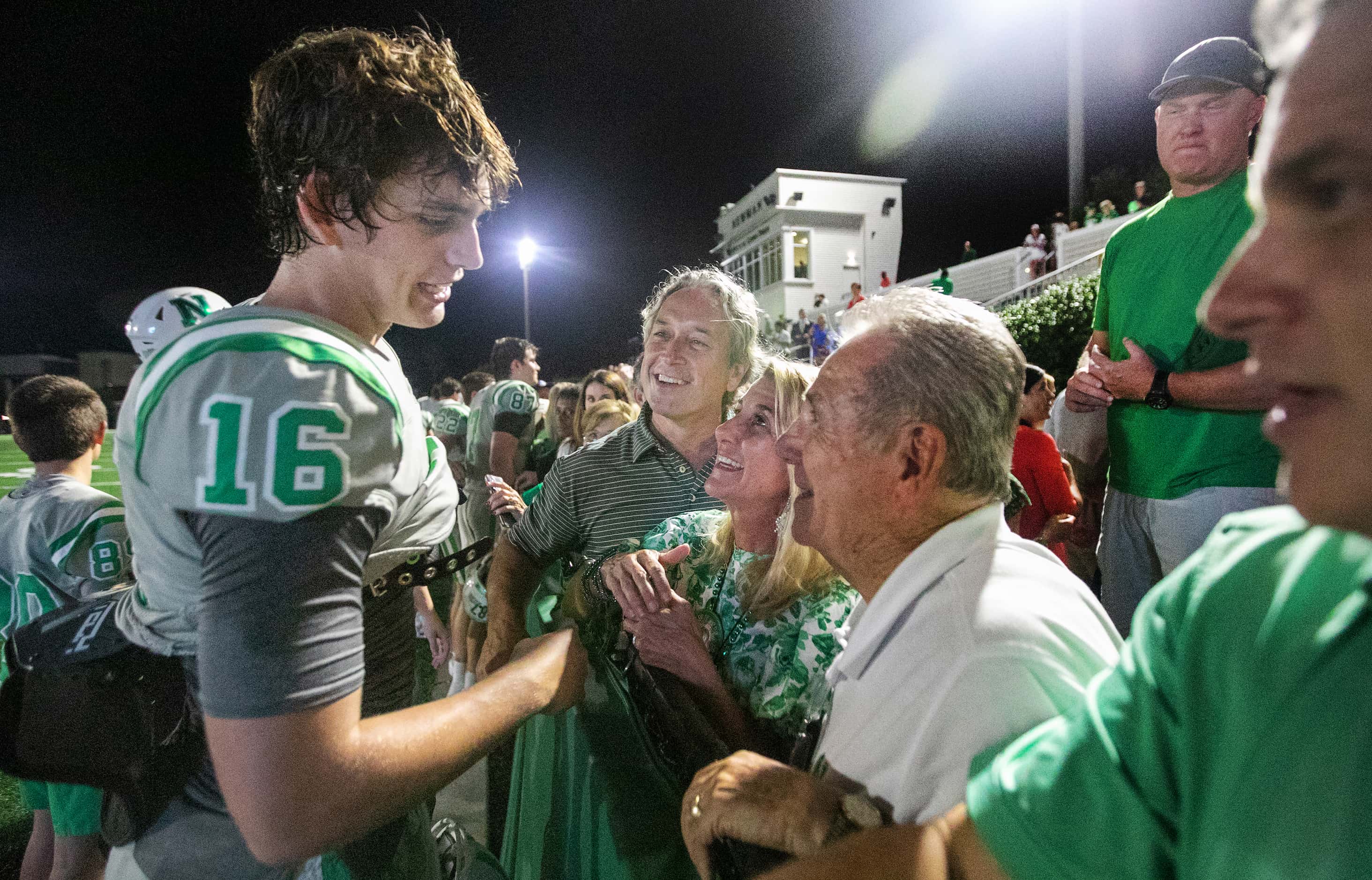 Arch Manning greets his friends and adoring fans after Newman High School defeated Riverside...