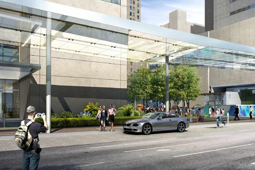 A computer rendering shows a conceptual view of AT&T's new visitor drop off area on Commerce...