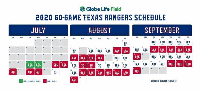 Rangers' 2020 schedule