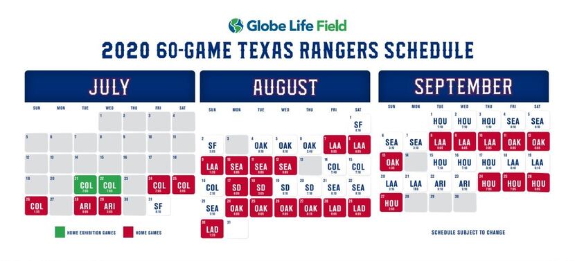 Rangers' 2020 schedule