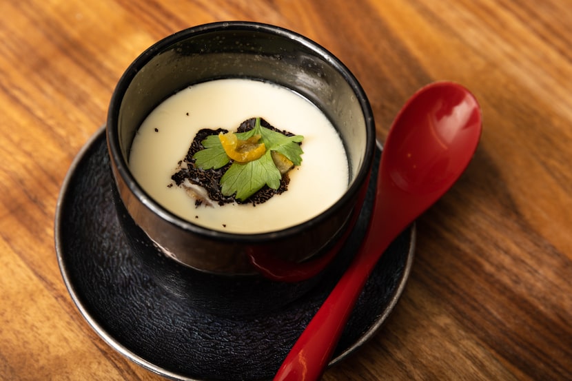 Traditional egg custard with truffle and Yuzu skin mitsuba at Shoyo.