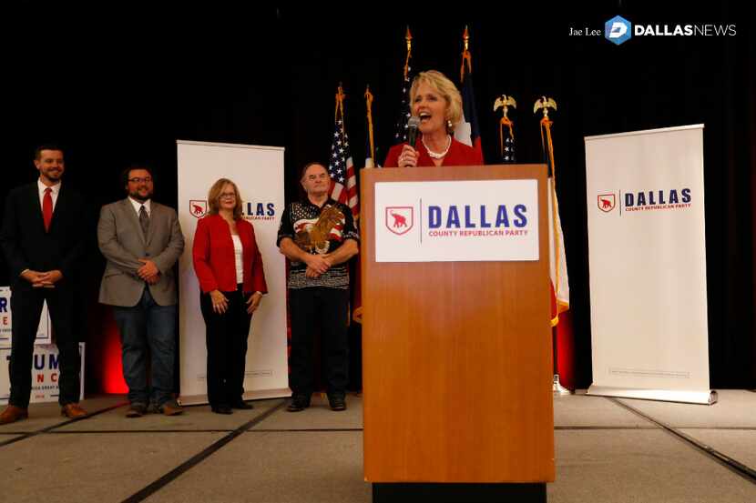 State Rep. Cindy Burkett makes a victory speech at a Dallas County Republican watch party at...