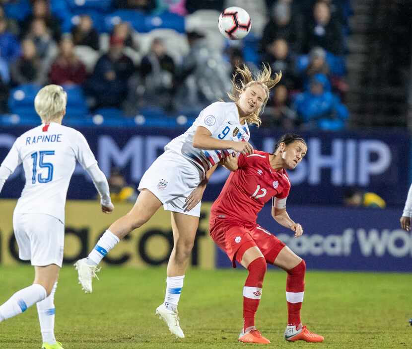 FRISCO TX - OCTOBER 17: USA midfielder Lindsey Horan (#9) heads the ball over Canada forward...