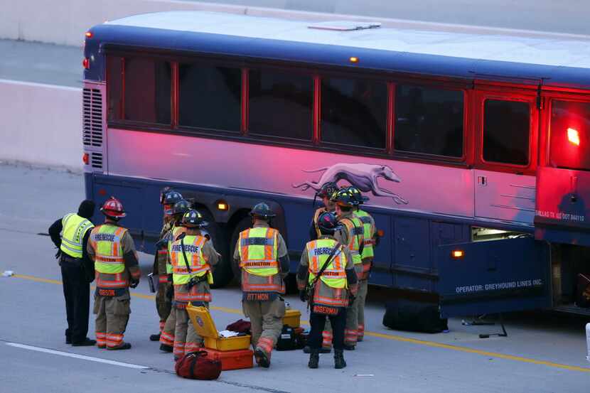 Arlington firefighters were called to the scene of a Greyhound bus crash in central...