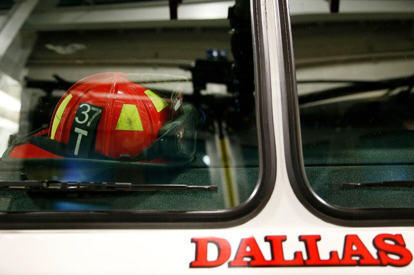 A helmet remains during a shift change at Dallas Fire-Rescue Department fire station 37 at...