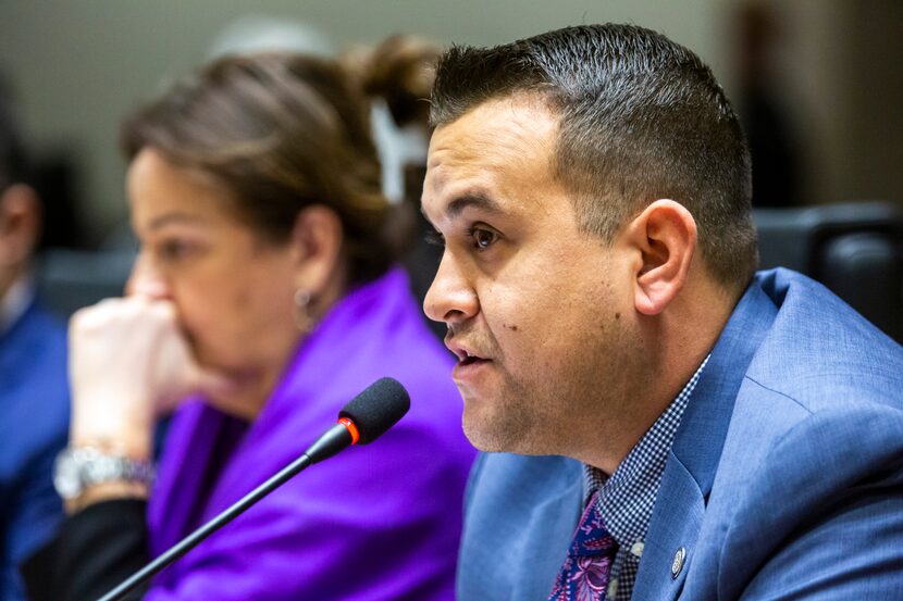 Council member Adam Bazaldua speaks during a City Council morning meeting in downtown Dallas...