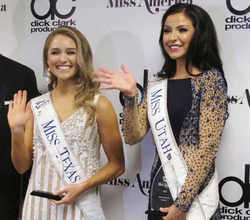  Miss Texas Margana Wood (left) and Miss Utah JessiKate Riley met with the media after the...