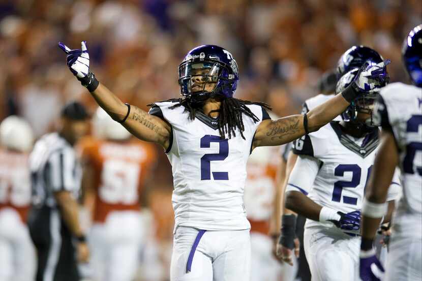 Jason Verrett of the TCU Horned Frogs celebrates after an interception that lead to the TCU...