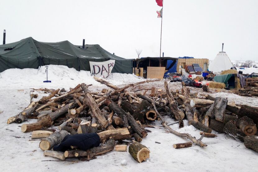 Firewood is stacked up at a protest encampment along the route of the Dakota Access oil...