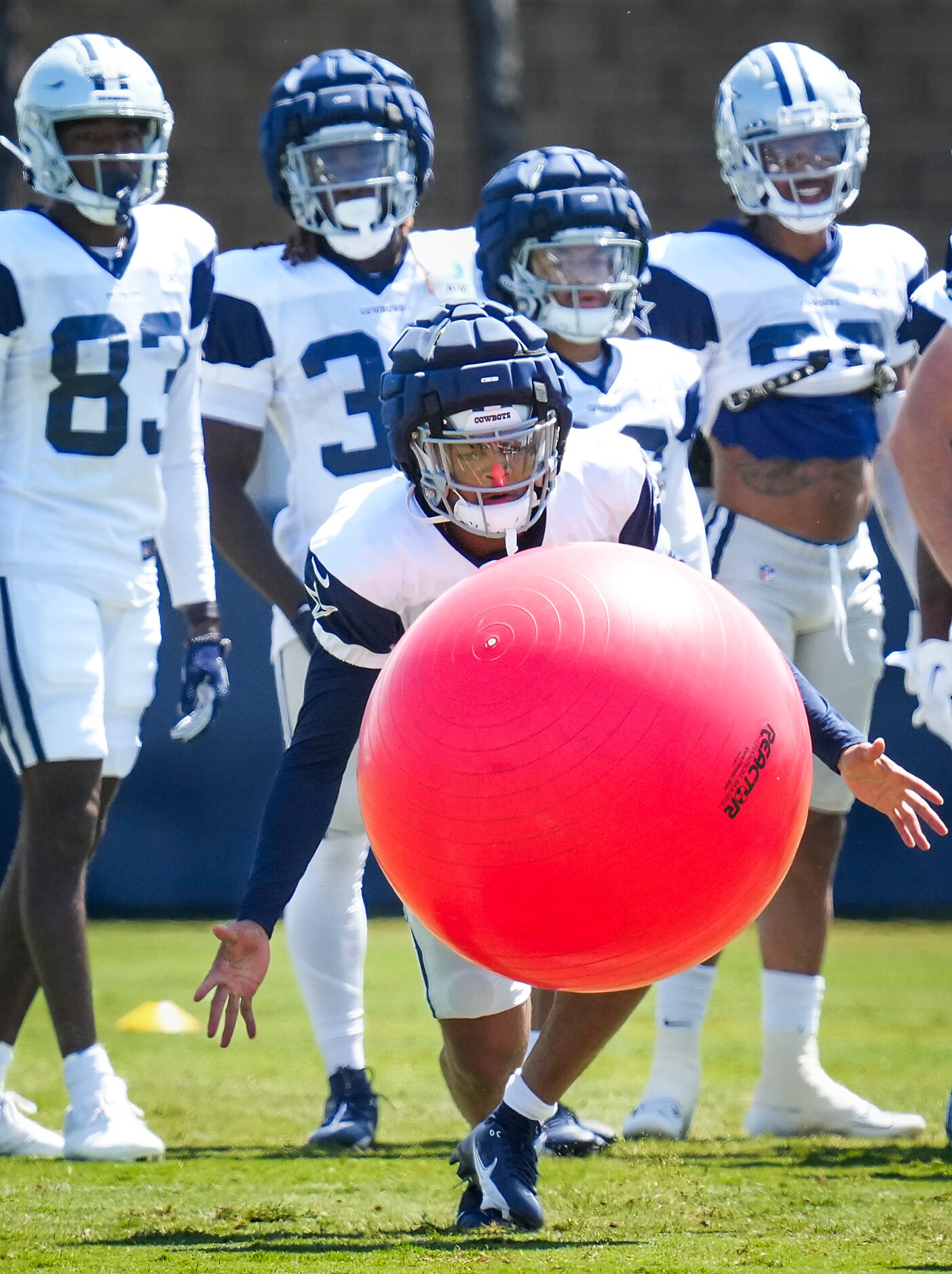 Dallas Cowboys running back Malik Davis  participates in a drill during a training camp...