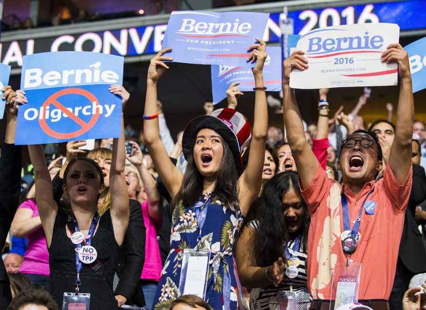 Bernie Sanders supporters cheer during Day 2 of the Democratic National Convention on July...