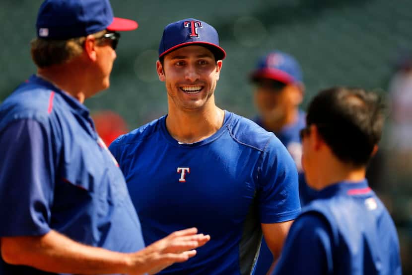 Texas Rangers third baseman Joey Gallo flashes a big smile before he takes batting practice....