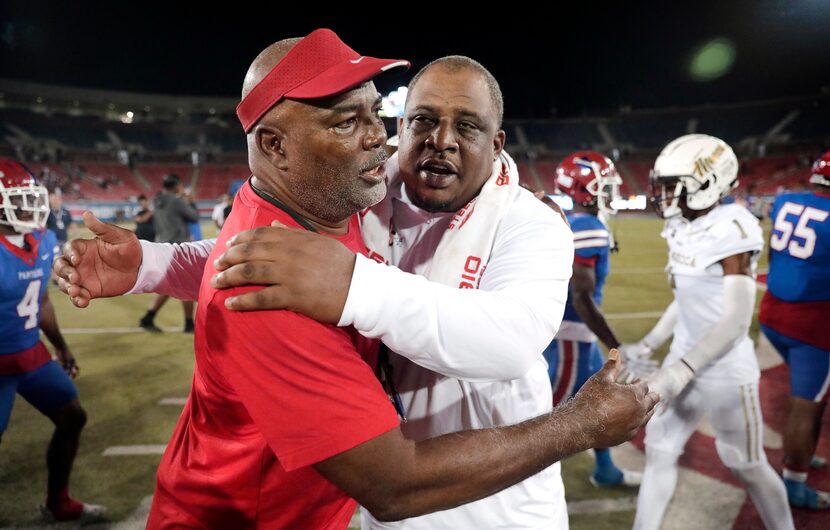 Duncanville head coach Reginald Samples (left) and South Oak Cliff head coach Jason Todd...