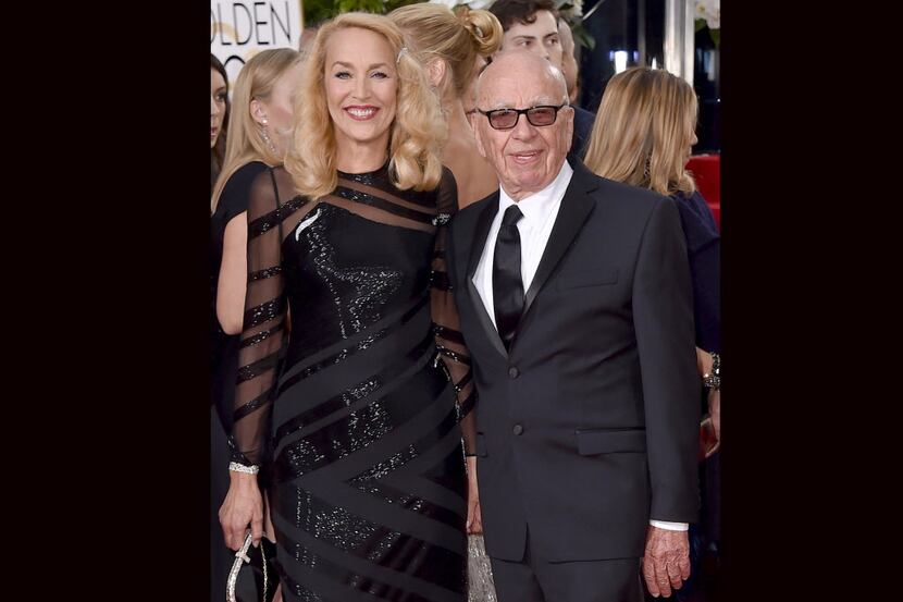 FILE - In this Jan. 10, 2016 photo, Jerry Hall, left, and Rupert Murdoch arrive at the 73rd...