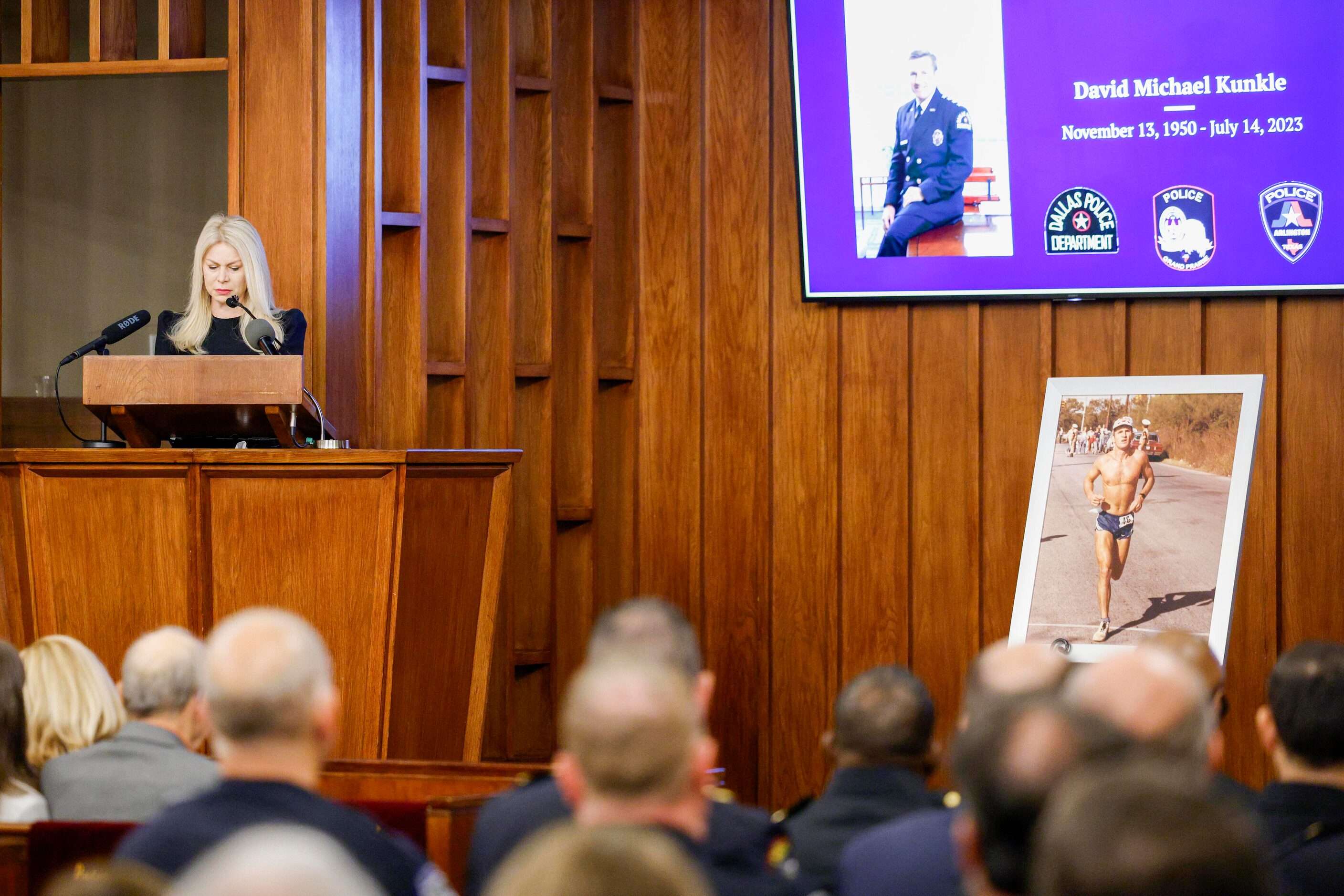 Sarah Dodd eulogizes her husband and former Dallas police Chief David Kunkle during a...