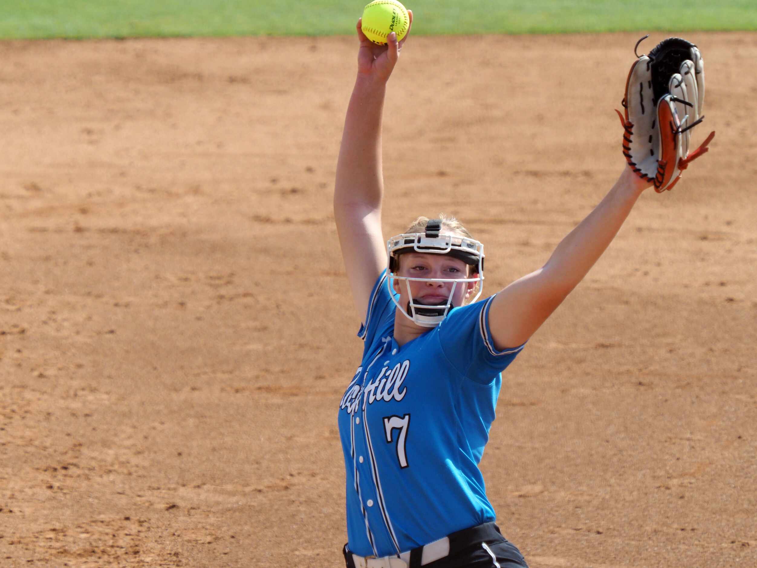 Prosper Rock Hill pitcher Grace Berlage pitches against Montgomery Lake Creek in the Class...