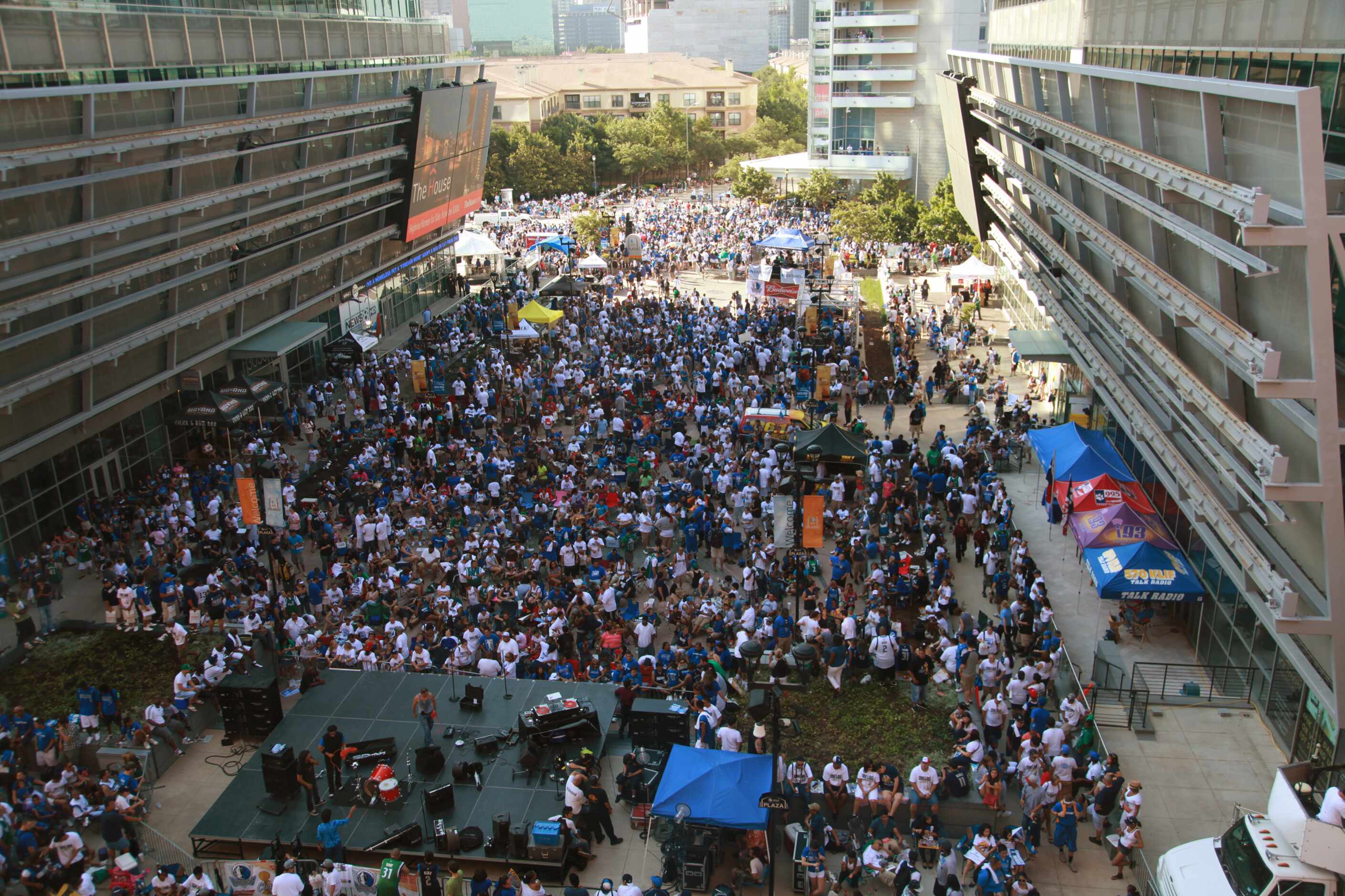 People gather at the pavilions at American Airlines Center before the Dallas Mavericks...