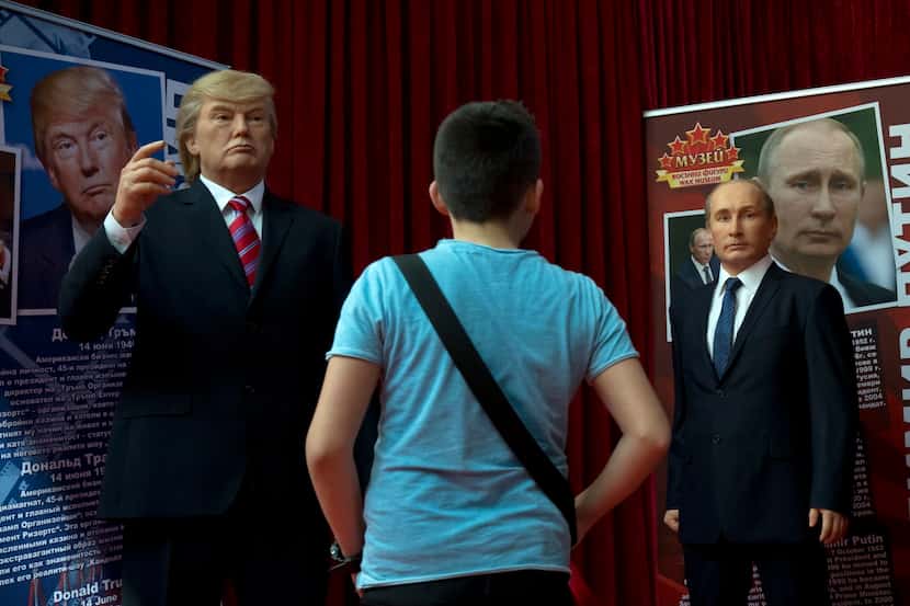 Wax models of US President Donald Trump, left, and Russian President Vladimir Putin, right,...