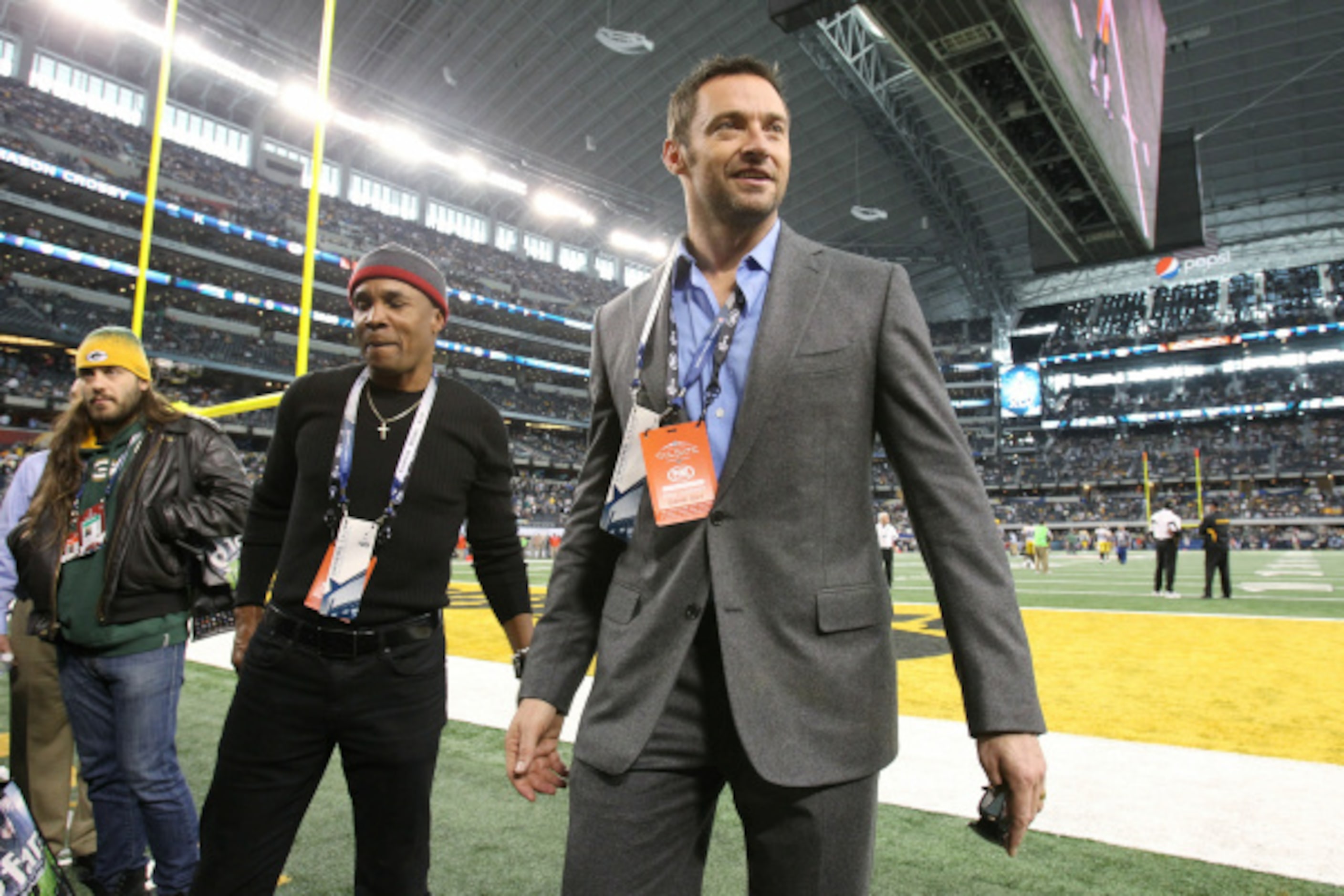 Actor Hugh Jackman looks on before the Pittsburgh Steelers play against the Green Bay...