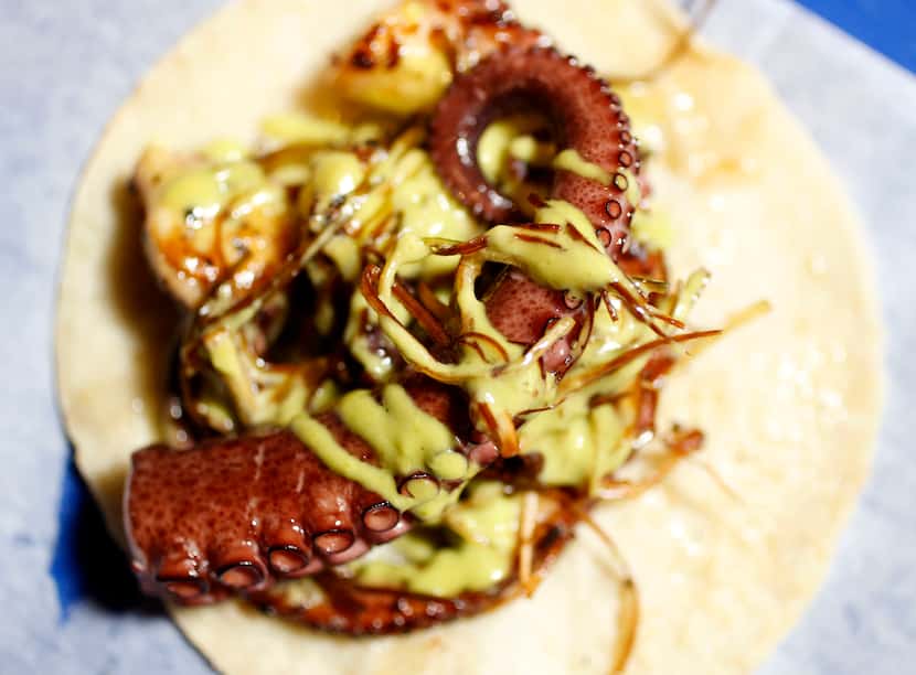 One of the popular dishes at Revolver Taco Lounge in Deep Ellum is the pulpo (octopus) taco....