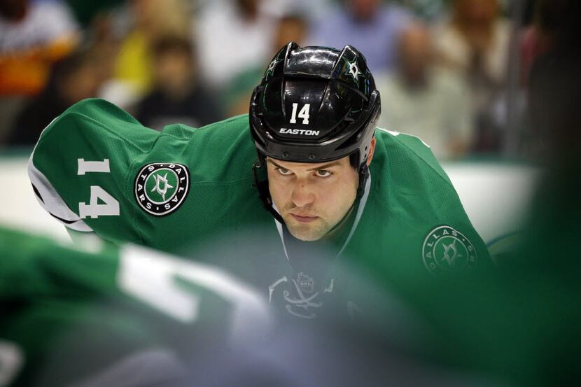 Dallas Stars left wing Jamie Benn (14) eyes a first period face-off in Game 2 against the...