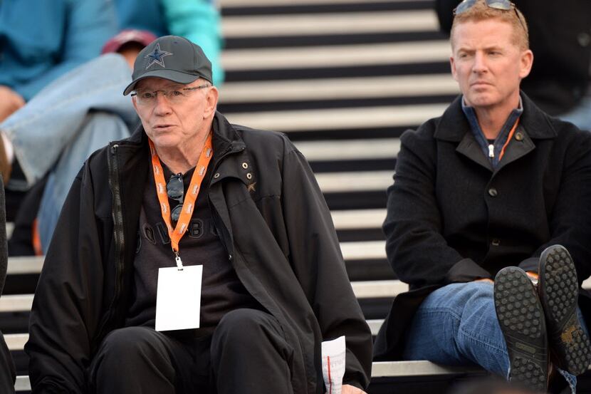 Jan 20, 2014; Mobile, AL, USA;  Dallas Cowboys owner Jerry Jones with head coach Jason...