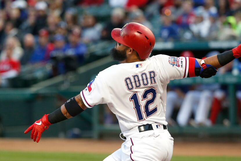 ARLINGTON, TX - APRIL 1: Rougned Odor #12 of the Texas Rangers flies out against the Houston...