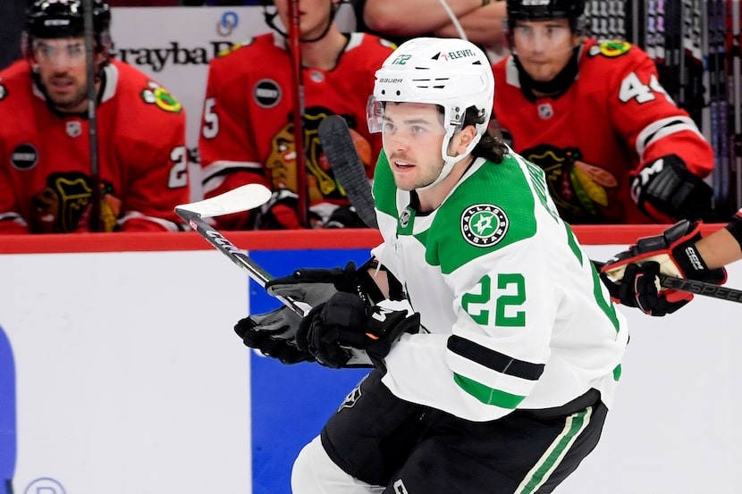 Dallas Stars center Mavrik Bourque (22) skates against the Chicago Blackhawks during an NHL...