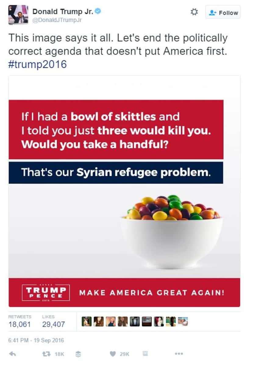 A screenshot of a tweet from Donald Trump Jr. which compares Syrian refugees to Skittles...
