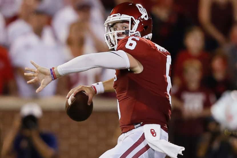 Oklahoma quarterback Baker Mayfield (6) throws during an NCAA college football game against...