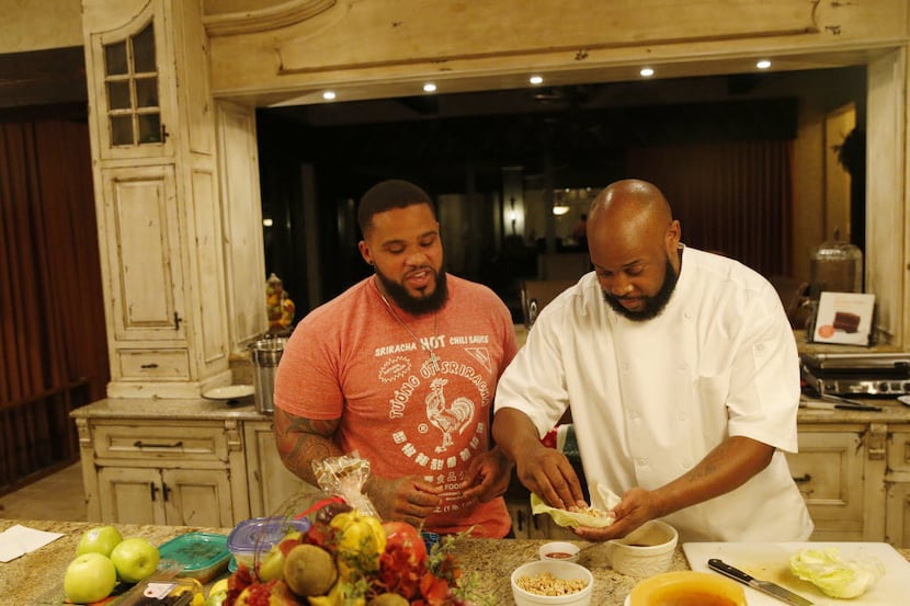 Prince Fielder's personal chef, Rudy Poindexter (right), serves up a dish for Texas Rangers...