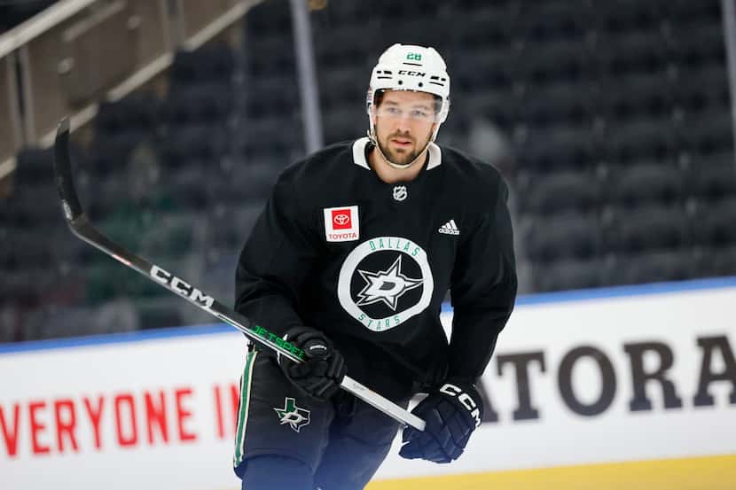 Dallas Stars defenseman Alexander Petrovic (28) attends their morning practice at Rogers...