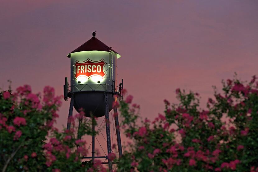 A look at the Frisco water tower at sunset in downtown Frisco.