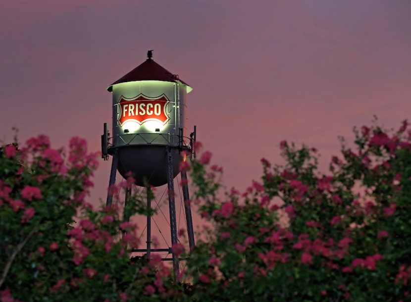 A look at the Frisco water tower at sunset in downtown Frisco.