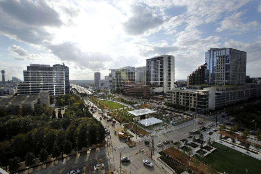 Overall view of Klyde Warren Park and downtown and Uptown, as seen from Museum Tower in...
