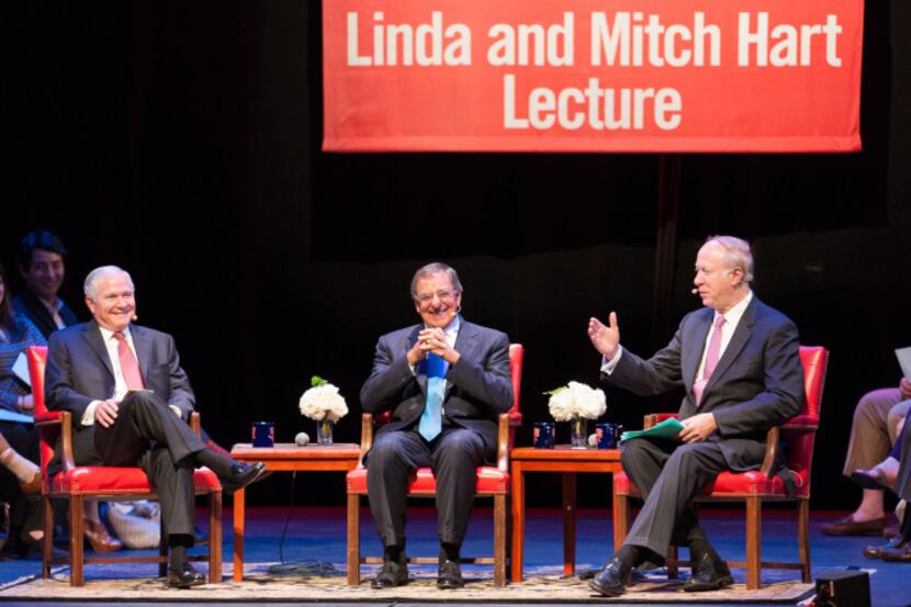 From left: Robert Gates and Leon Panetta, with moderator David Gergen, discussed a range of...